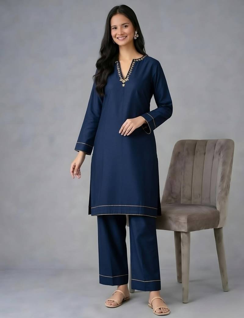 Navy embroidered rayon kurta set