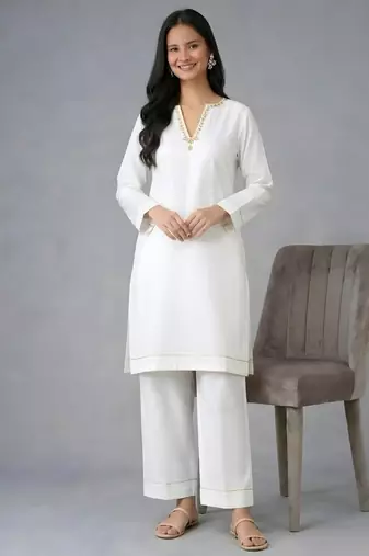 White embroidered rayon kurta set