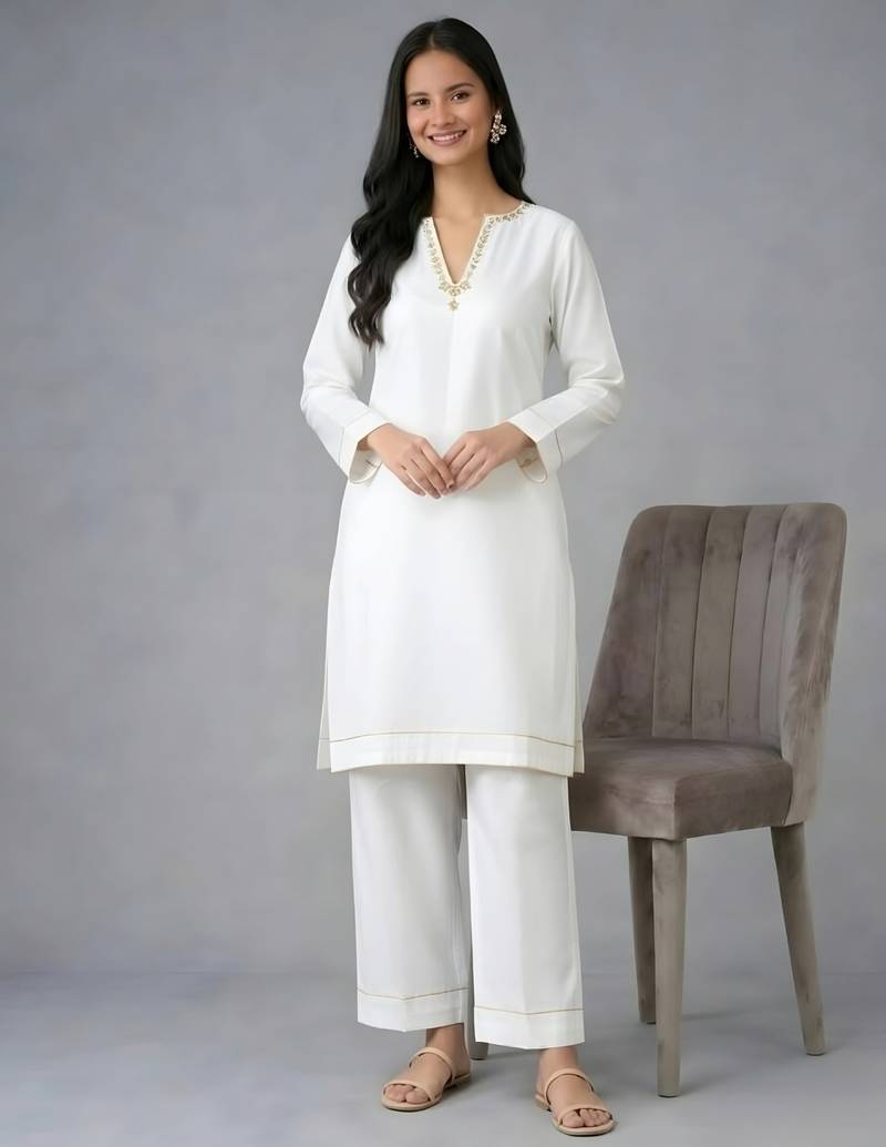 White embroidered rayon kurta set