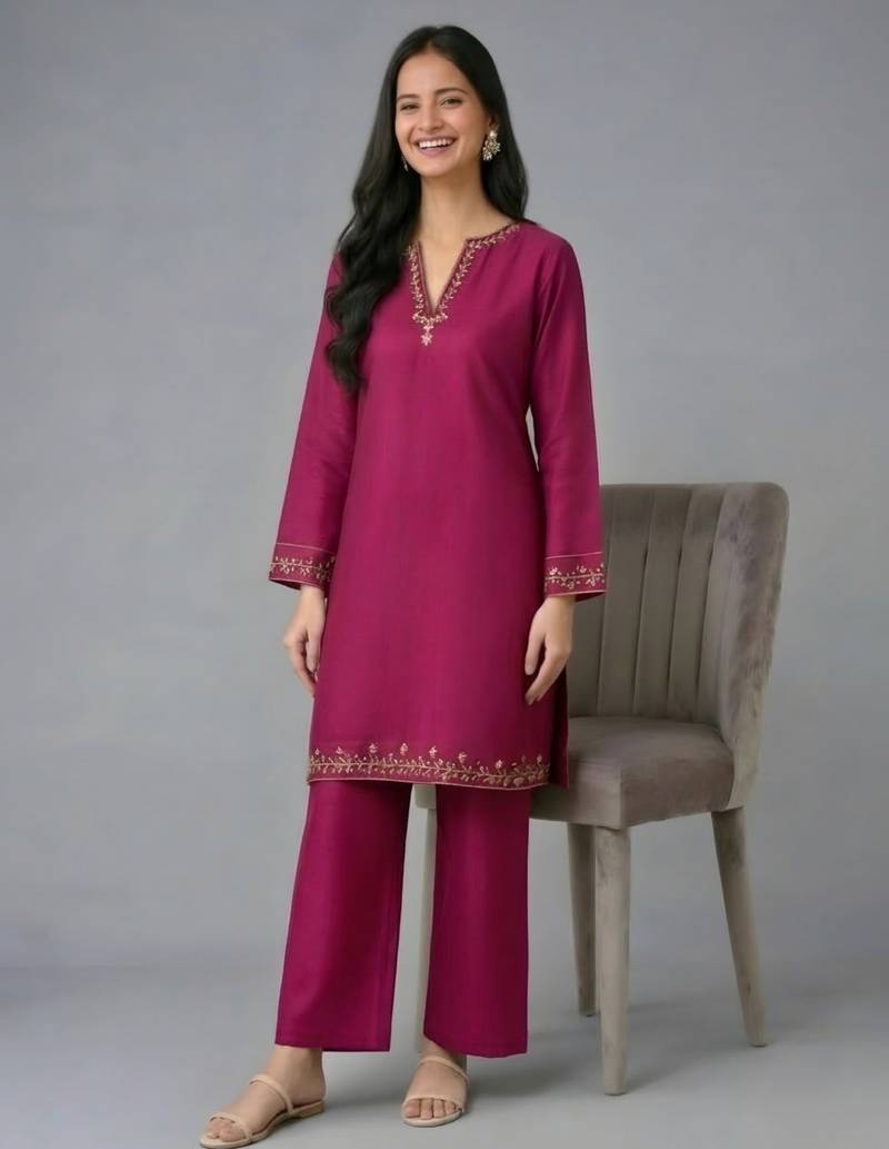 Pink embroidered rayon kurta set