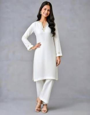White embroidered rayon kurta set 1