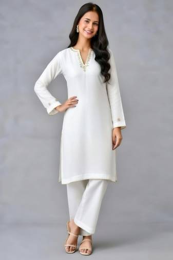 White embroidered rayon kurta set