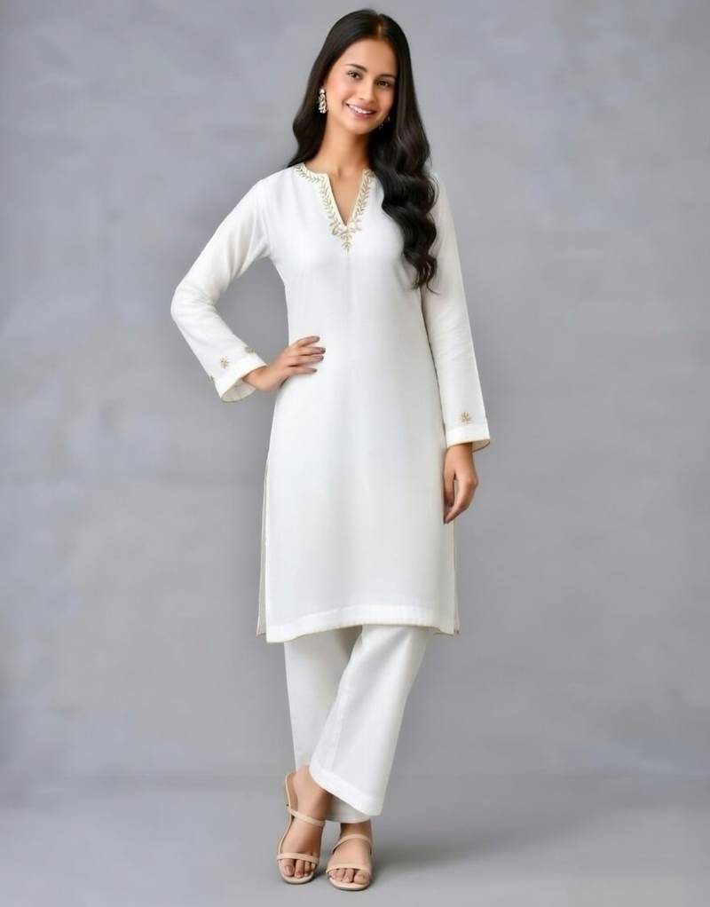 White embroidered rayon kurta set