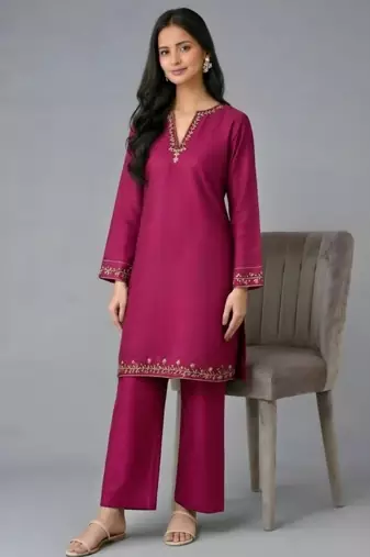 Pink embroidered rayon kurta set