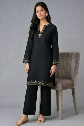 Black embroidered rayon kurta set