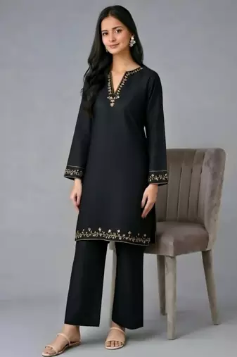 Black embroidered rayon kurta set