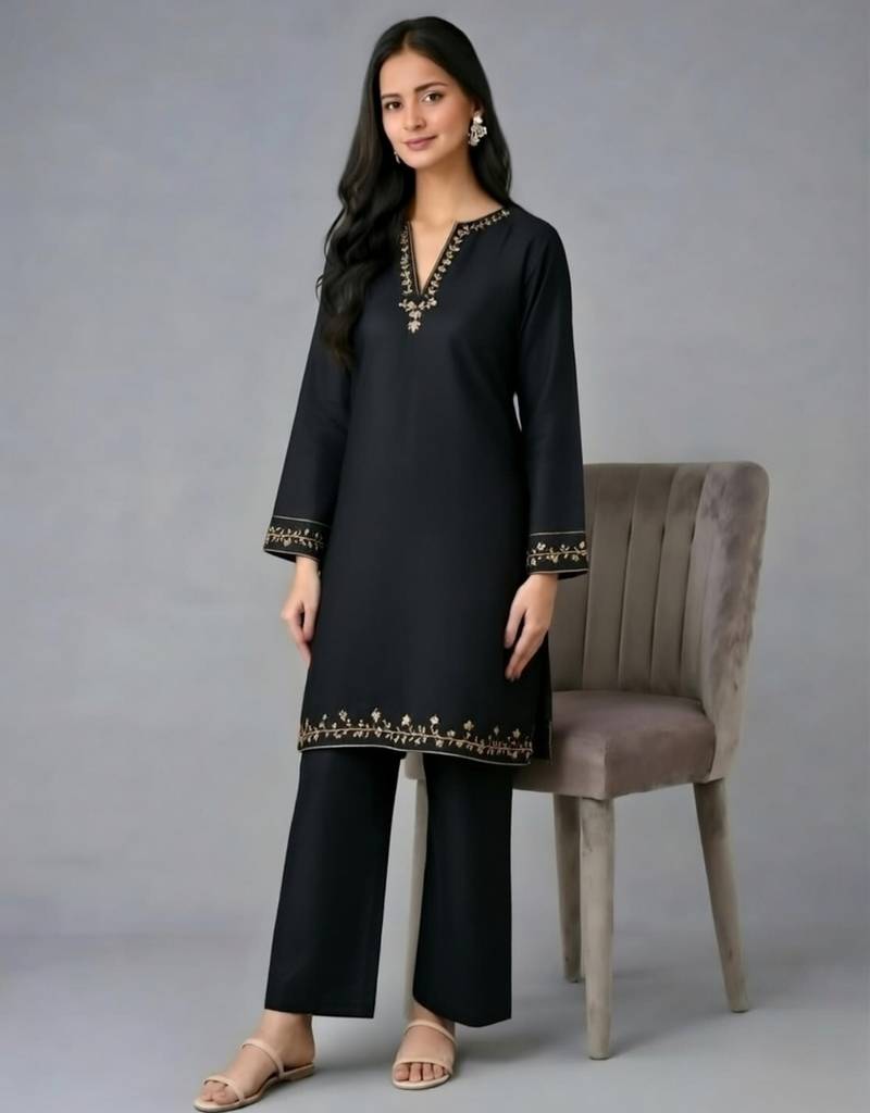 Black embroidered rayon kurta set