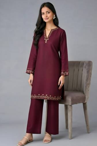 Maroon embroidered rayon kurta set