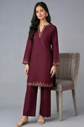 Maroon embroidered rayon kurta set