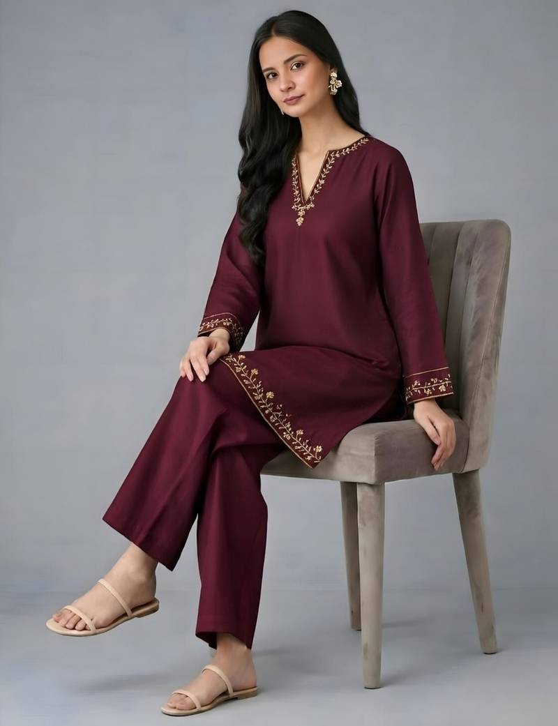 Maroon embroidered rayon kurta set
