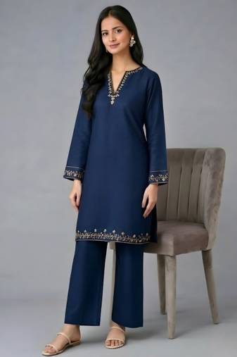 Navy embroidered rayon kurta set
