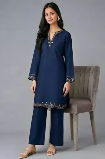 Navy embroidered rayon kurta set