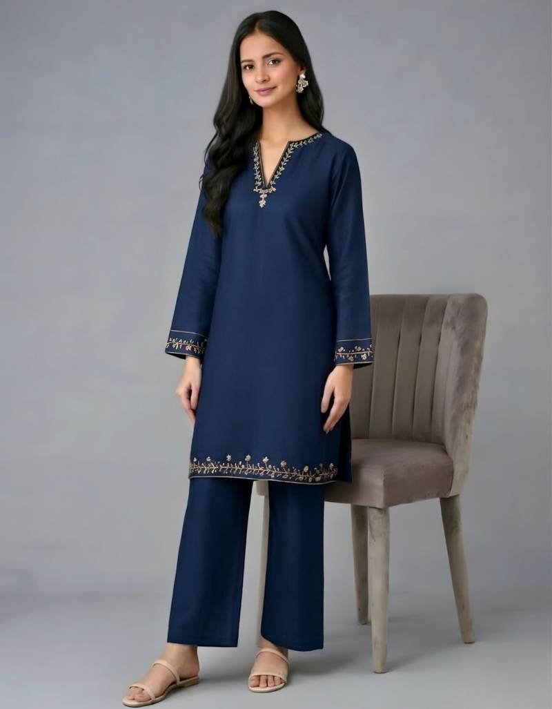 Navy embroidered rayon kurta set