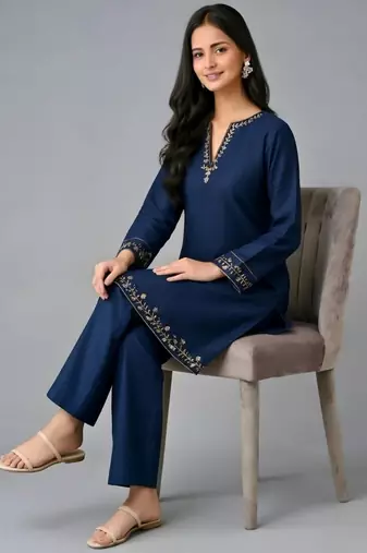 Navy embroidered rayon kurta set