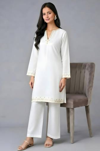 White embroidered rayon kurta set