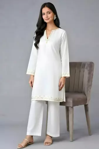 White embroidered rayon kurta set