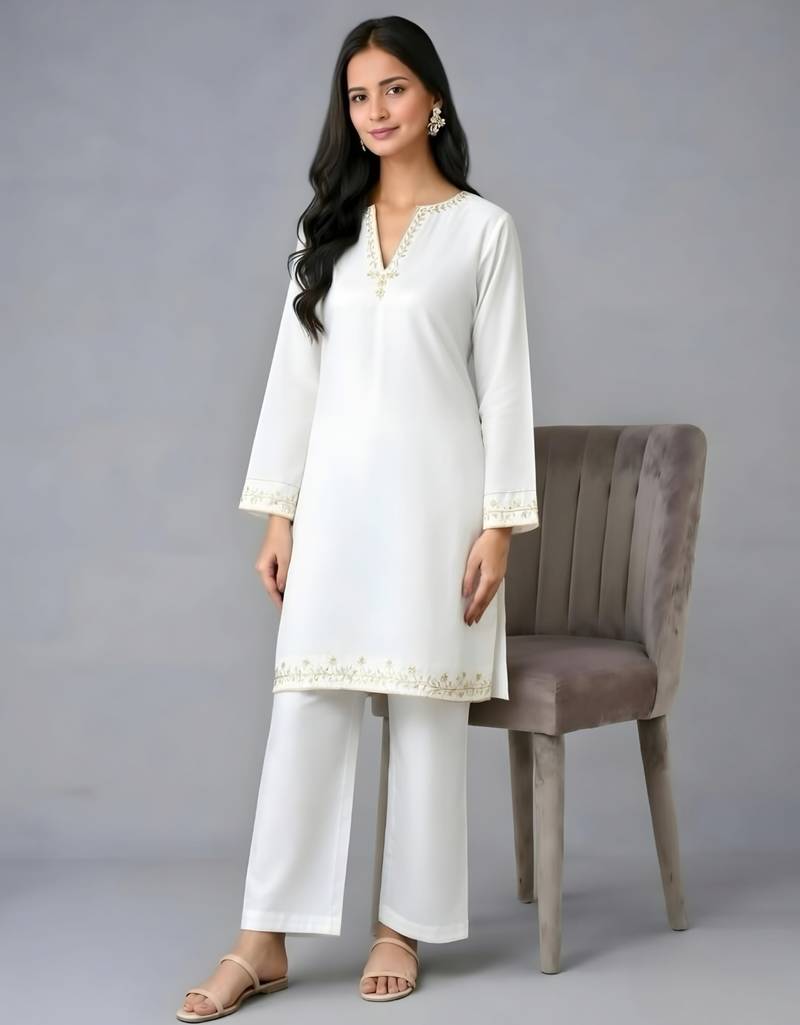 White embroidered rayon kurta set