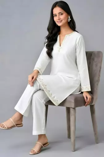 White embroidered rayon kurta set