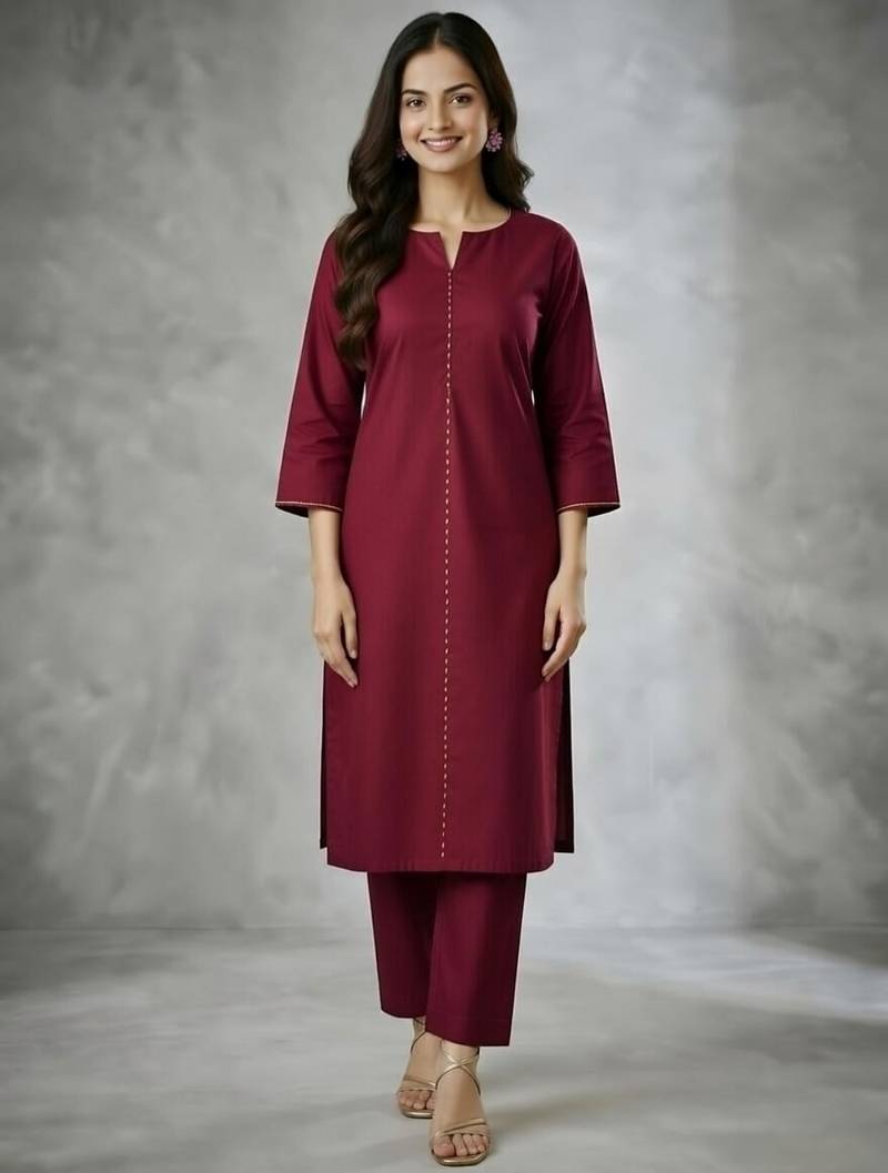 Maroon embroidered rayon kurta set