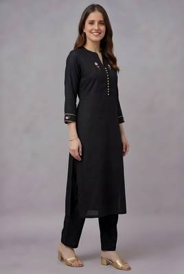 Black embroidered rayon kurta set 1