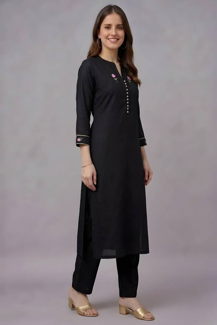 Black embroidered rayon kurta set