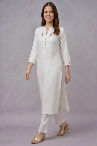 White embroidered rayon kurta set