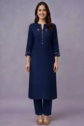 Navy embroidered rayon kurta set