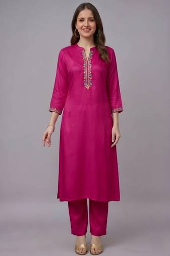 Pink embroidered rayon kurta set