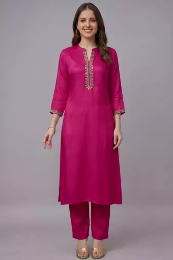 Pink embroidered rayon kurta set