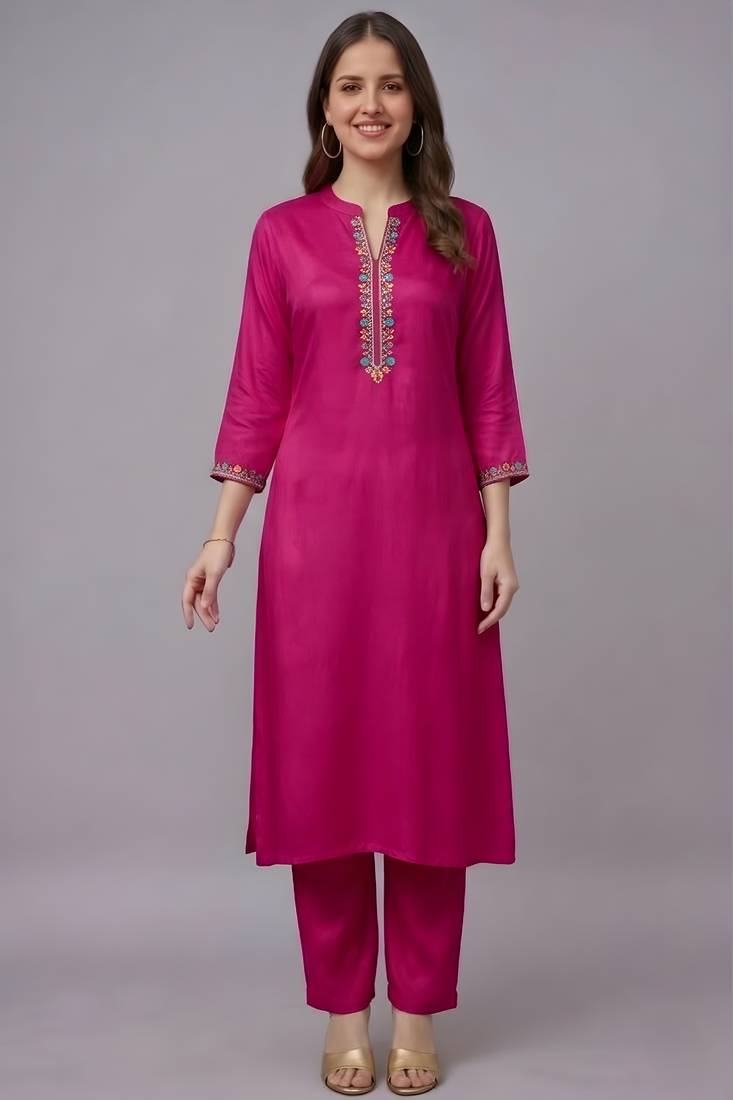 Pink embroidered rayon kurta set