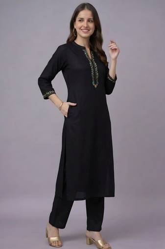 Black embroidered rayon kurta set