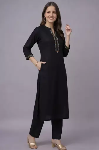 Black embroidered rayon kurta set