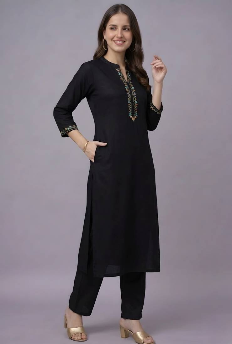 Black embroidered rayon kurta set