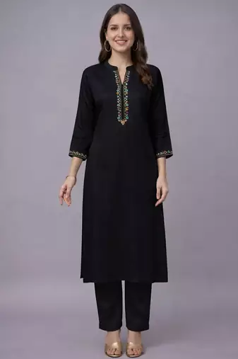 Black embroidered rayon kurta set