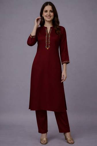 Maroon embroidered rayon kurta set