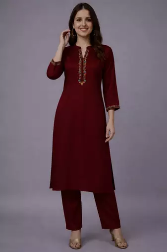 Maroon embroidered rayon kurta set