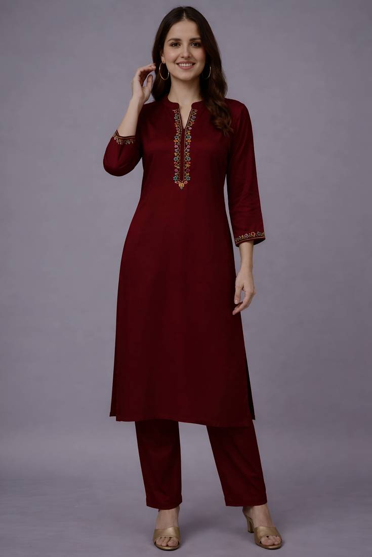 Maroon embroidered rayon kurta set