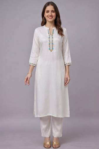 White embroidered rayon kurta set