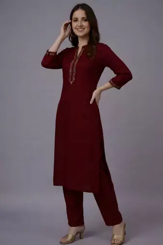 Maroon embroidered rayon kurta set