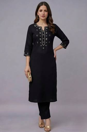 Black embroidered rayon kurta set