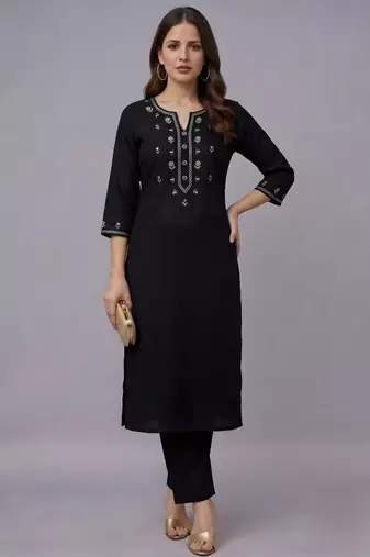 Black embroidered rayon kurta set