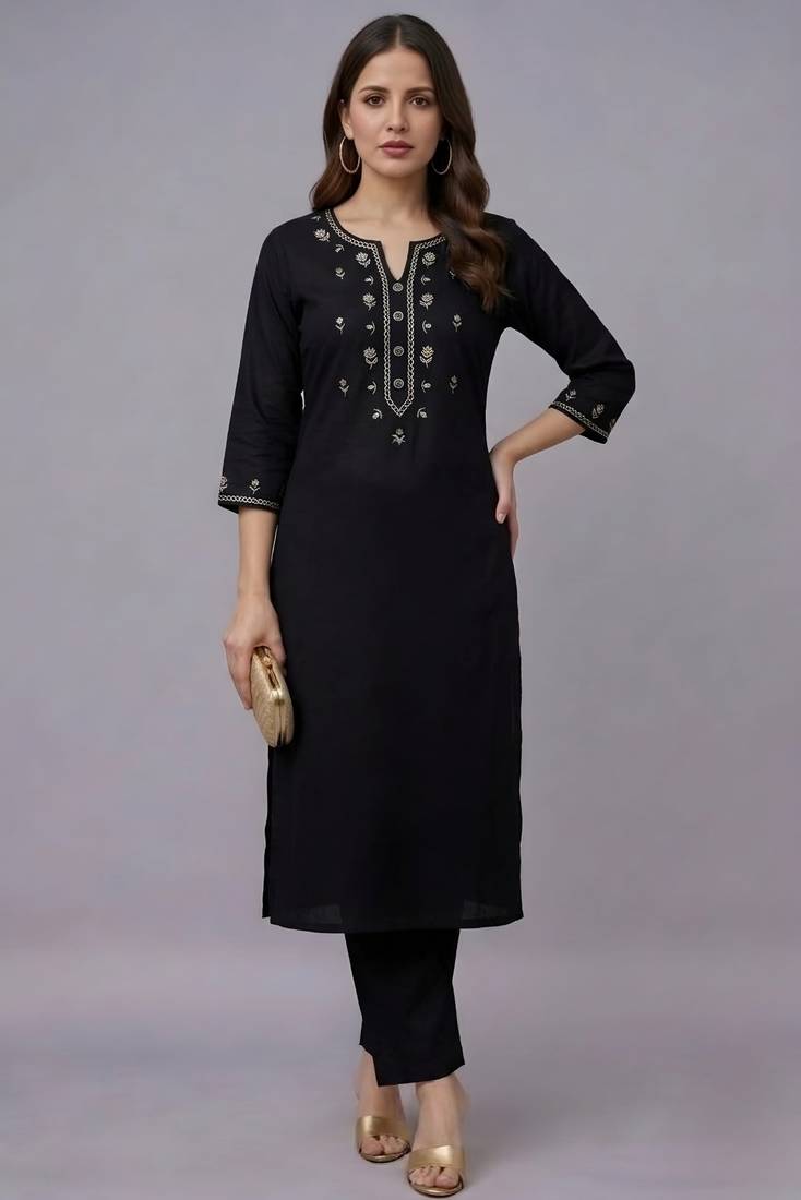 Black embroidered rayon kurta set