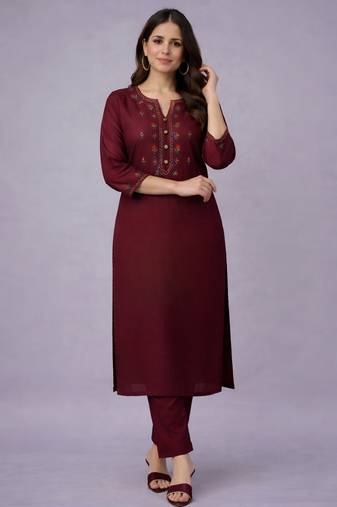Maroon embroidered rayon kurta set