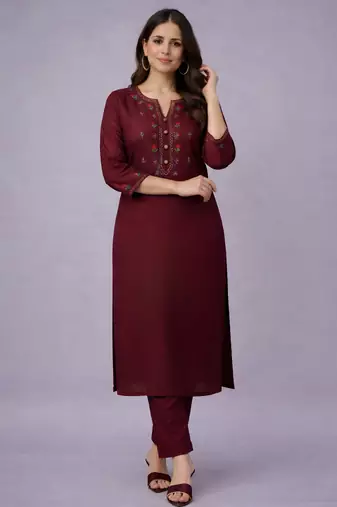 Maroon embroidered rayon kurta set