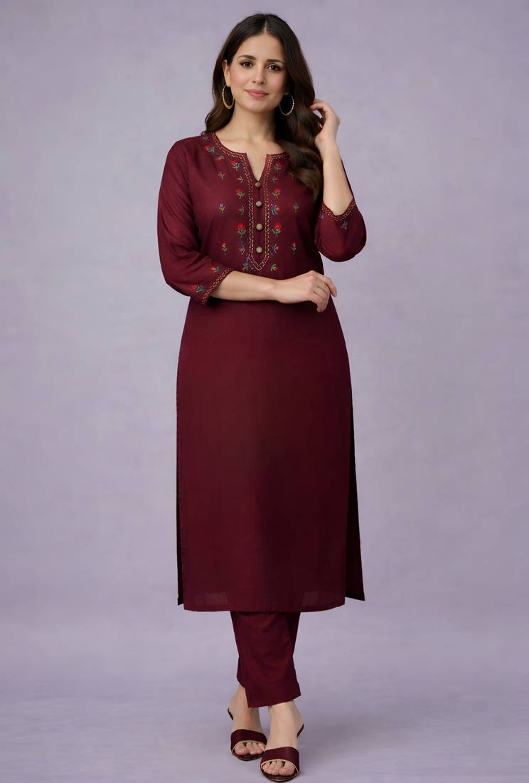 Maroon embroidered rayon kurta set