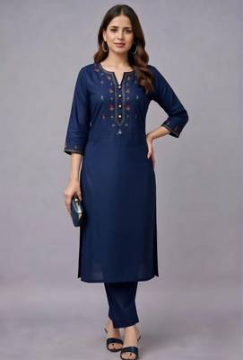 Navy embroidered rayon kurta set 1