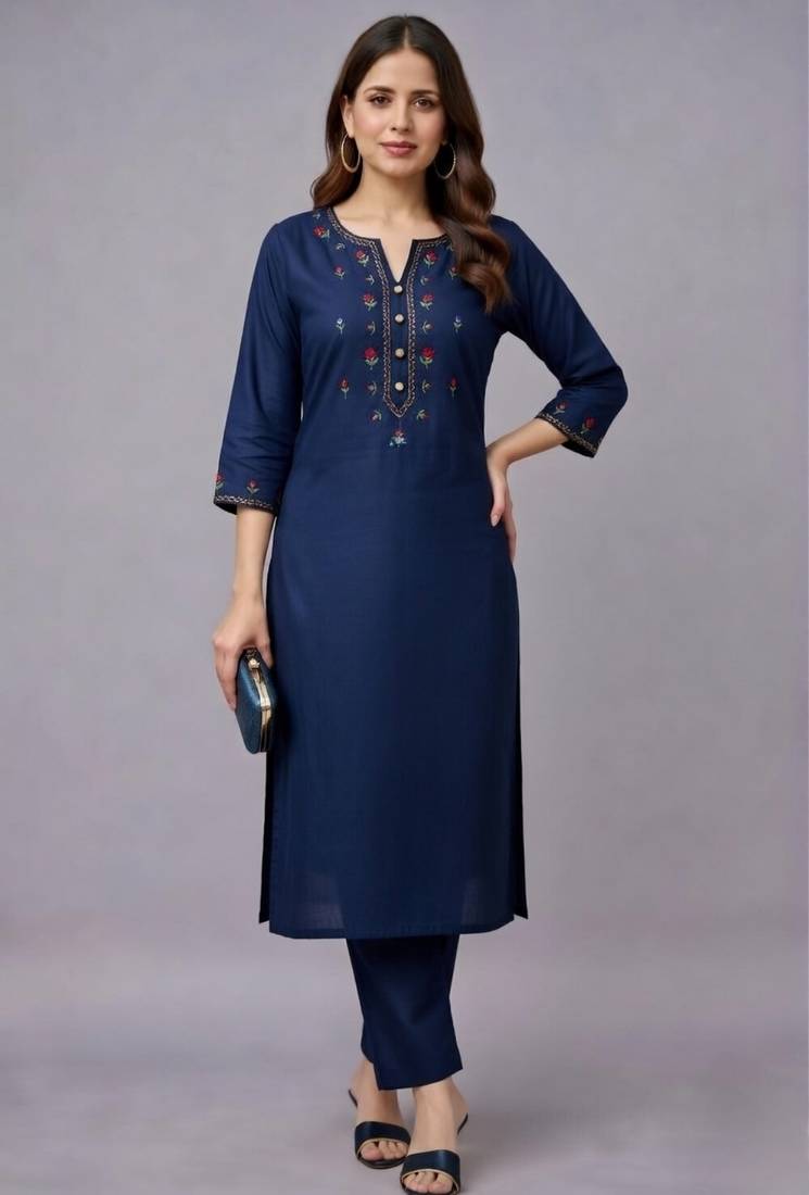 Navy embroidered rayon kurta set