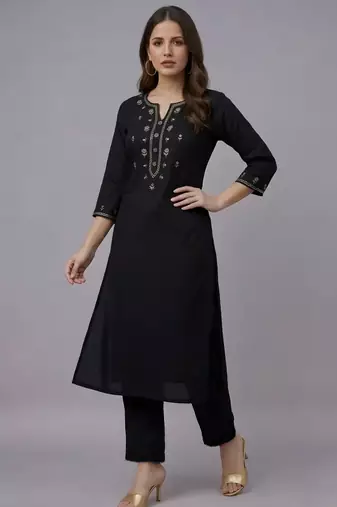 Black embroidered rayon kurta set