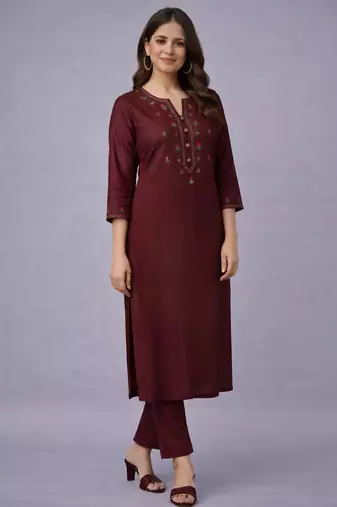 Maroon embroidered rayon kurta set