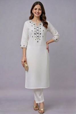 White embroidered rayon kurta set 1